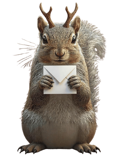 Bild eines Elchhörnchens, das einen Brief in den Pfoten hält. Dieses Bild ist KI-generiert – meine Bücher sind es nicht.